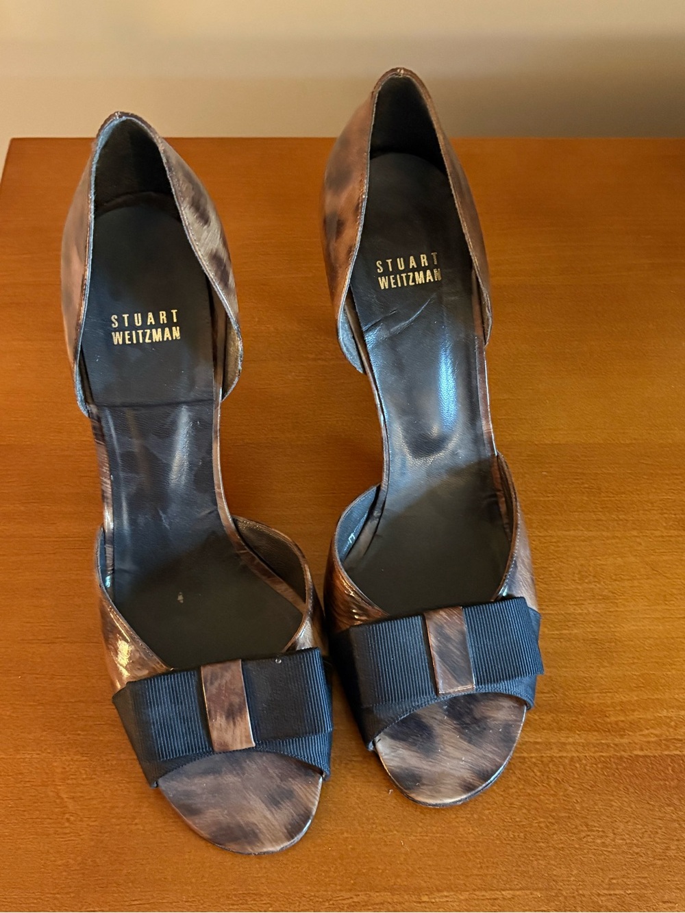 Stuart Weitzman Brown Satin D'Orsay Heels with Grosgrain Bow